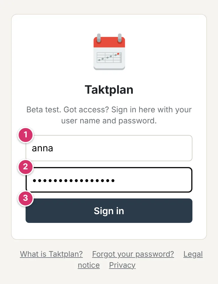 Sign-in page with user name, password and Sign in button