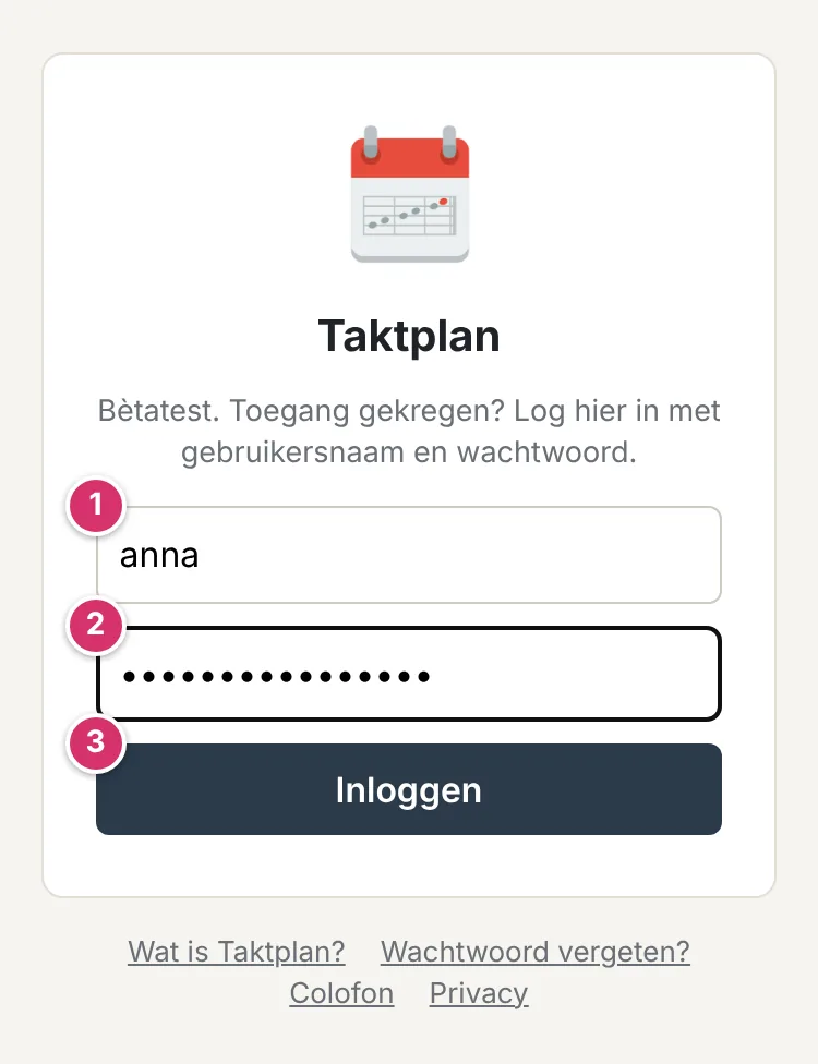 Inlogpagina met gebruikersnaam, wachtwoord en knop Inloggen