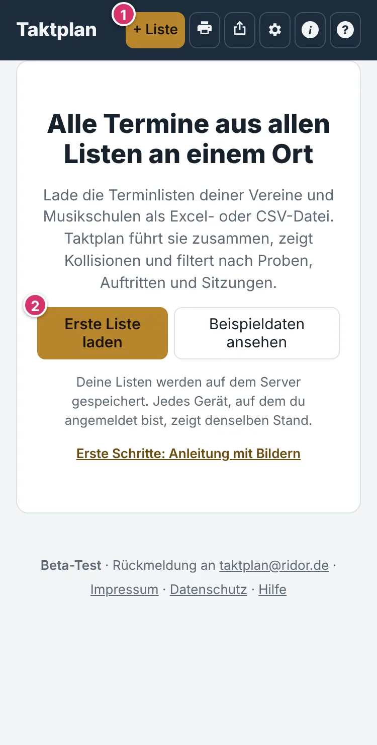 Leere Startseite mit den Knöpfen + Liste und Erste Liste laden
