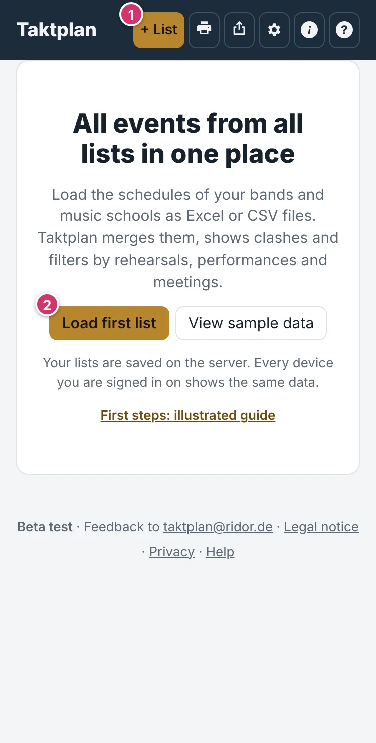 Empty start page with the buttons + List and Load first list