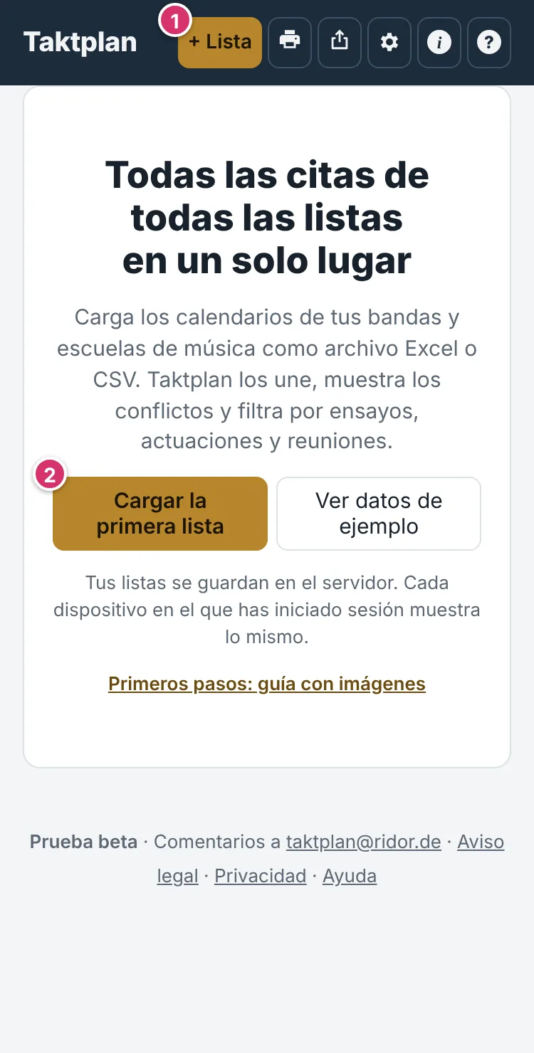 Página de inicio vacía con los botones + Lista y Cargar la primera lista