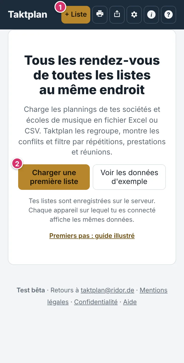 Page d’accueil vide avec les boutons + Liste et Charger une première liste