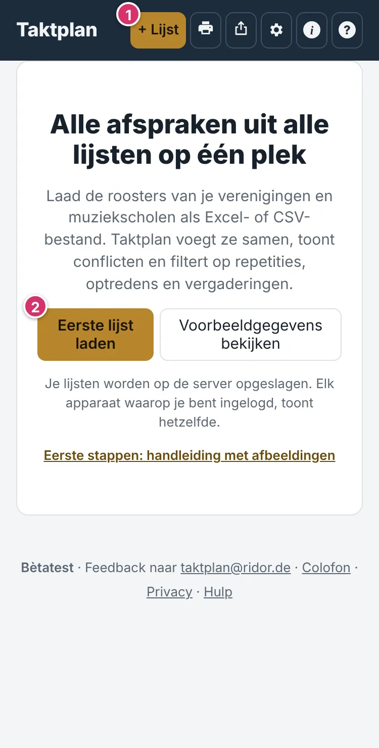 Lege startpagina met de knoppen + Lijst en Eerste lijst laden