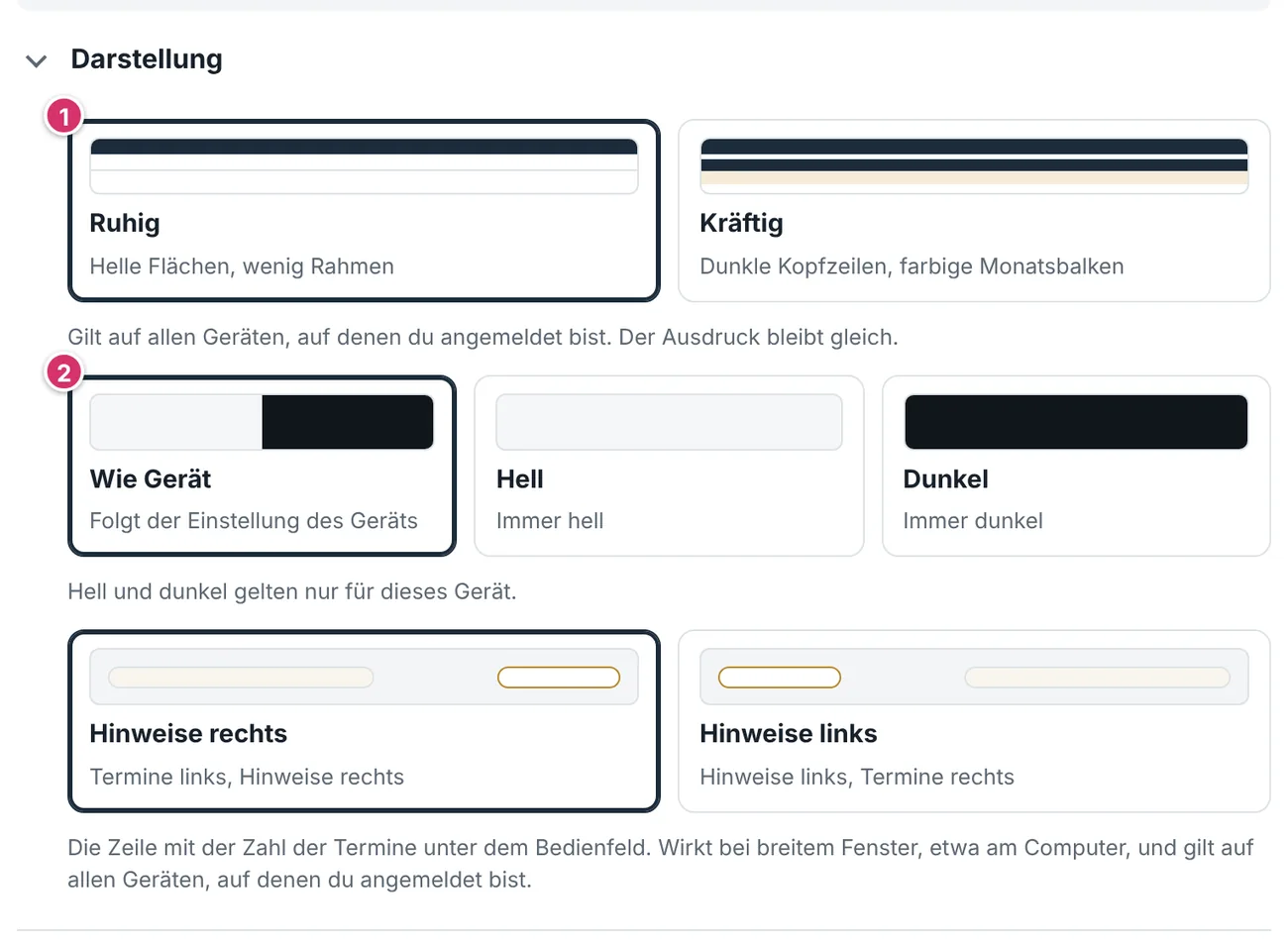 Einstellungen, Abschnitt Darstellung