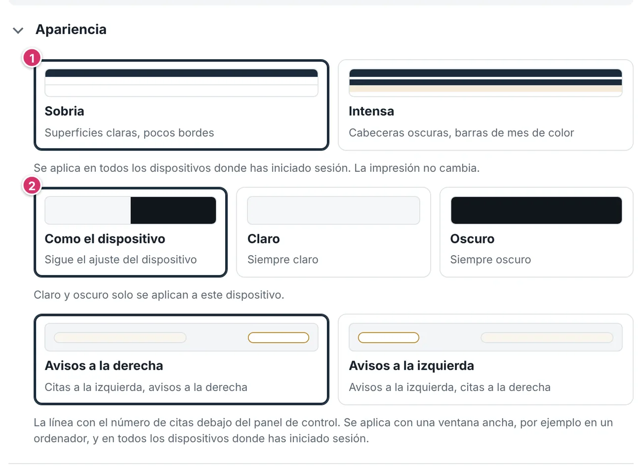 Ajustes, sección Apariencia