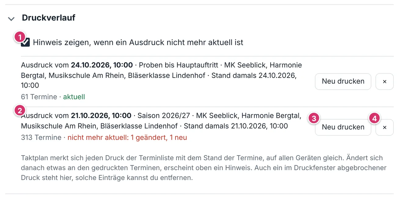 Einstellungen, Abschnitt Druckverlauf