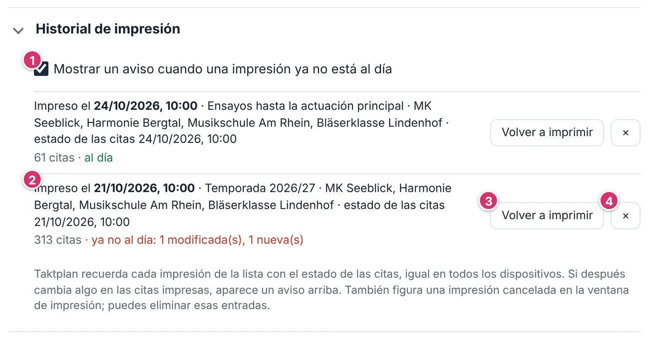 Ajustes, sección Historial de impresión