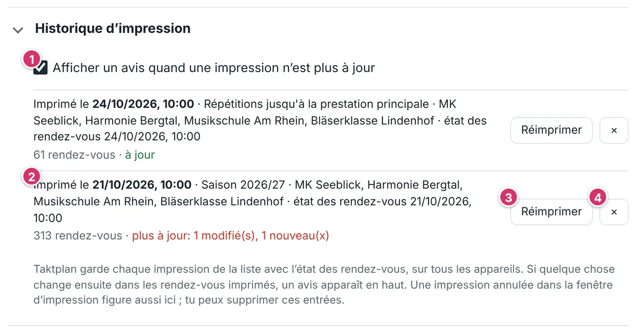 Réglages, section Historique d’impression