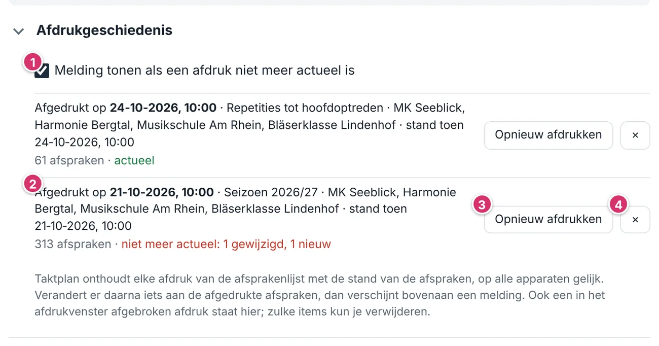 Instellingen, onderdeel Afdrukgeschiedenis