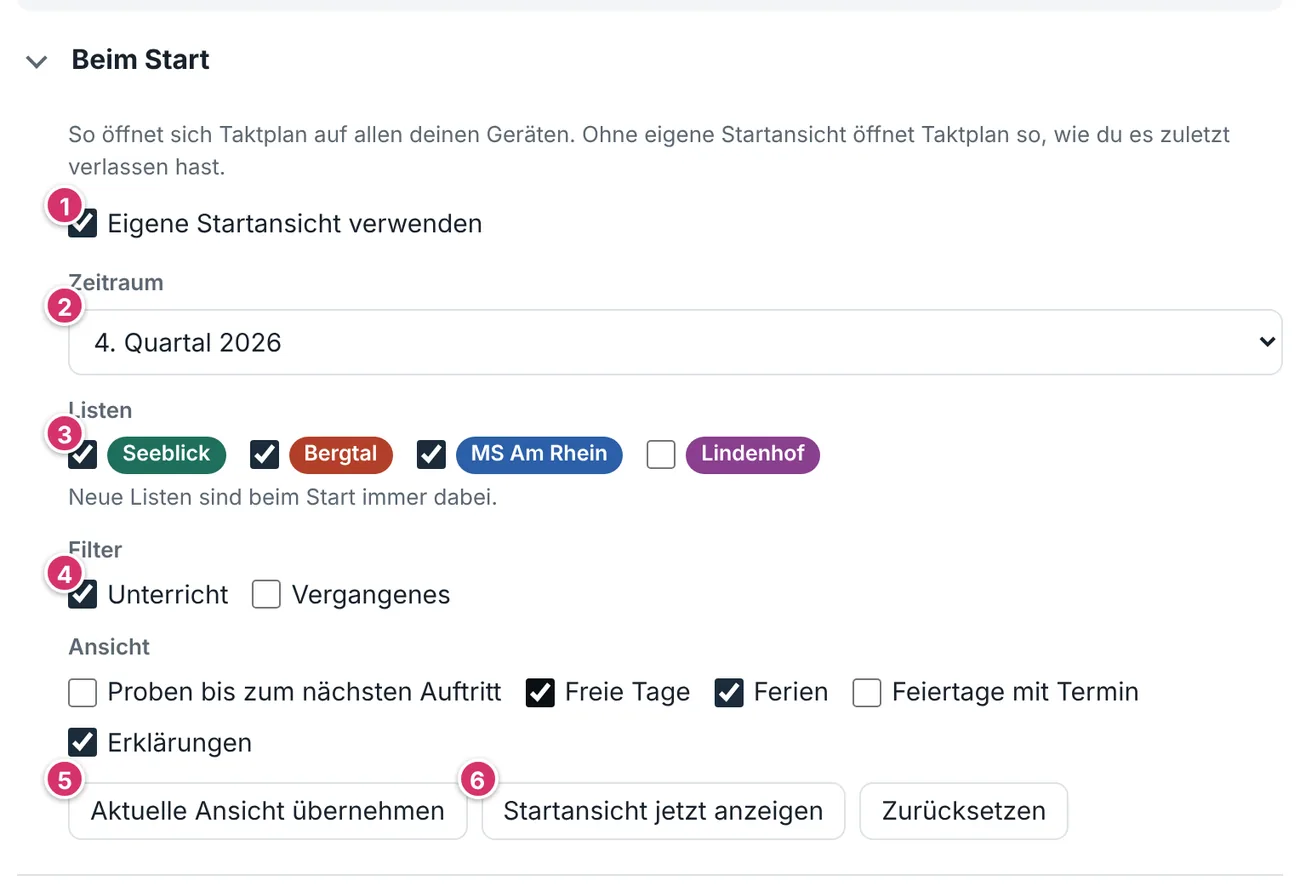 Einstellungen, Abschnitt Startansicht
