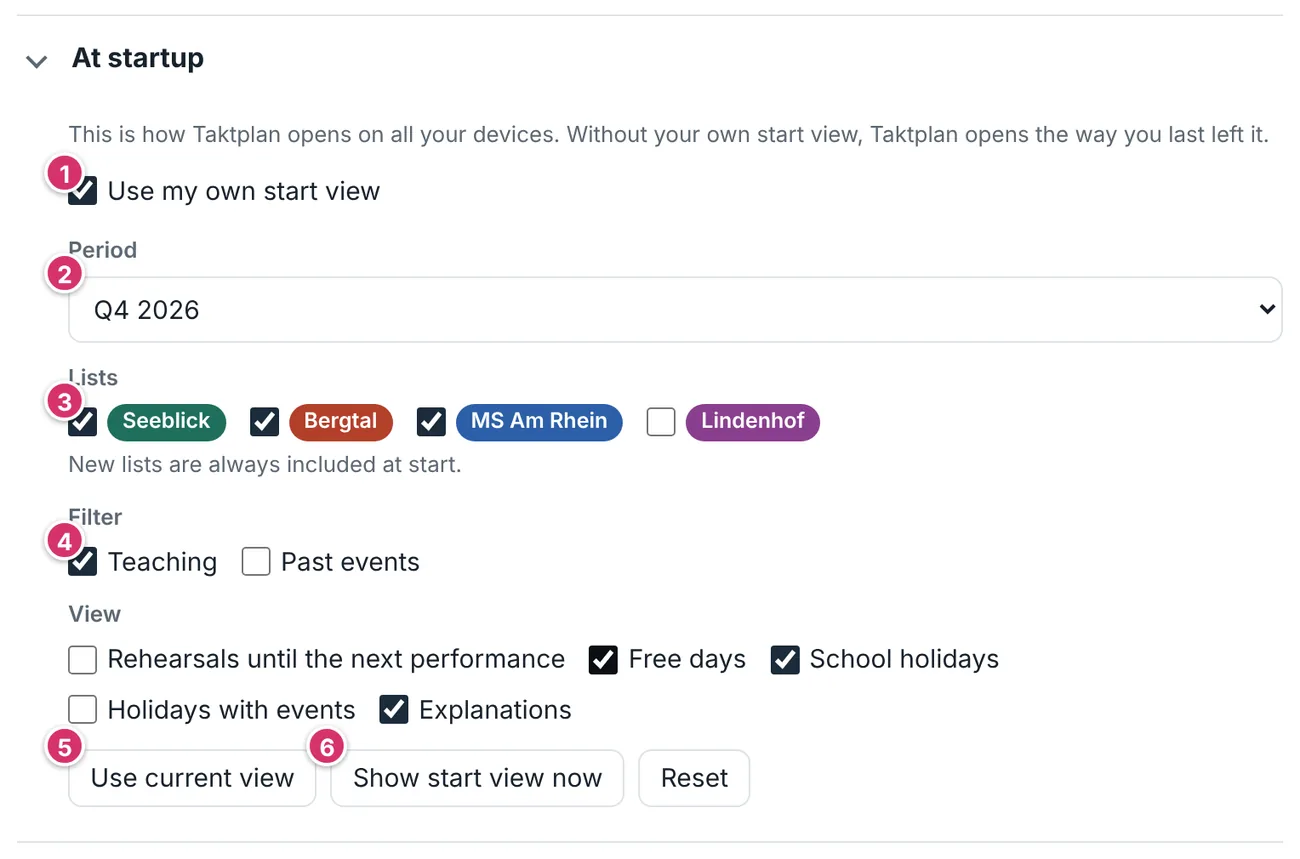 Settings, Start view section