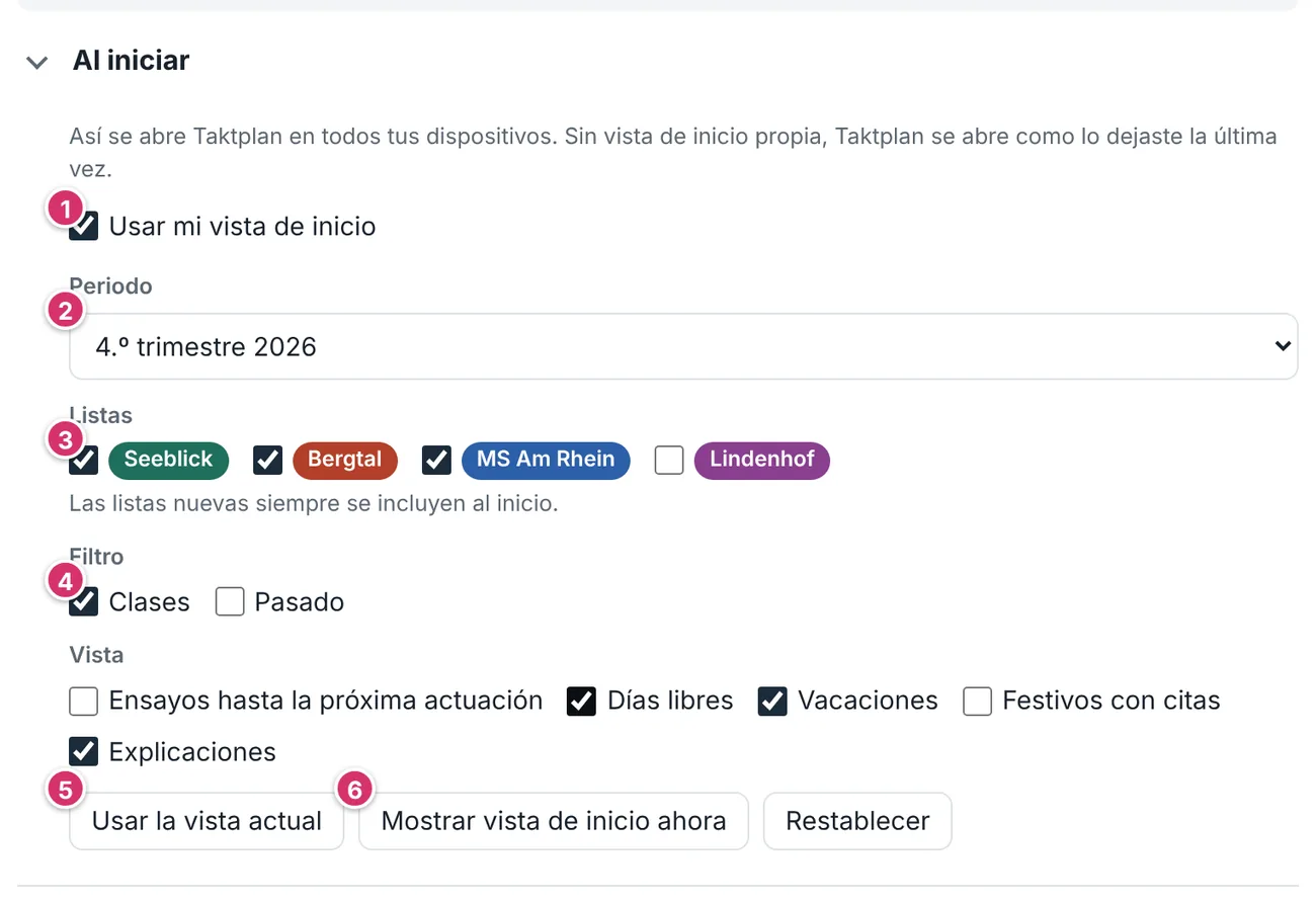 Ajustes, sección Vista de inicio