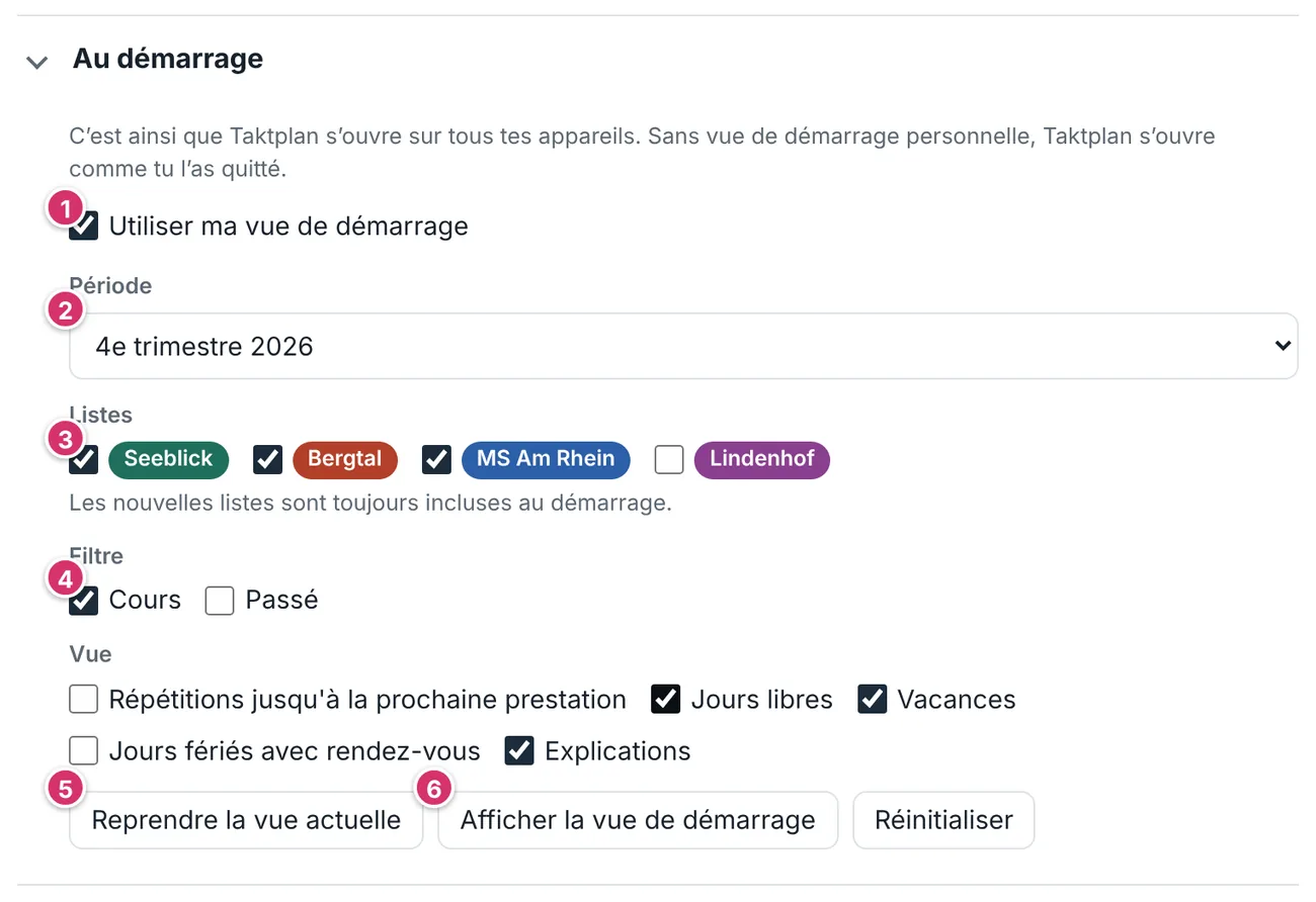 Réglages, section Vue de démarrage
