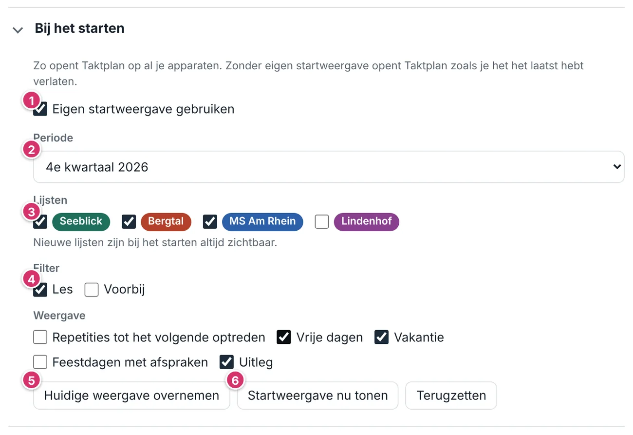 Instellingen, onderdeel Startweergave