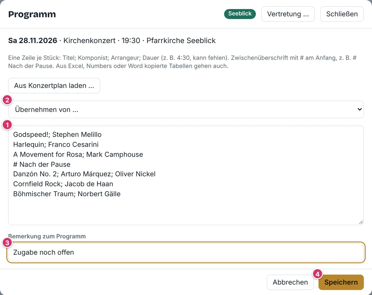 Fenster Programm beim Eintragen