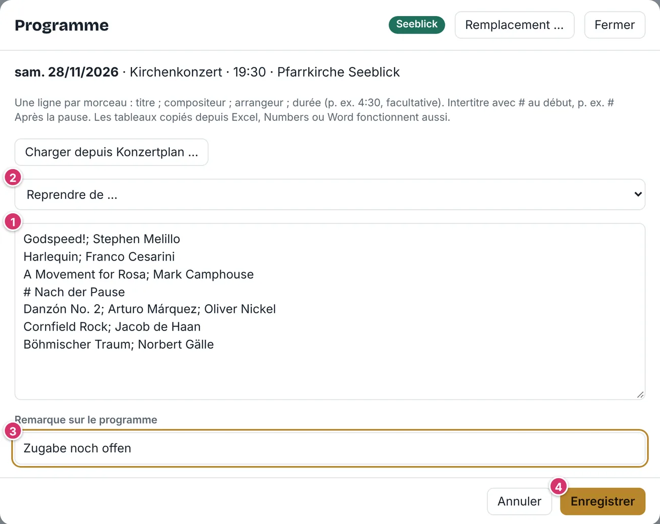 Fenêtre Programme pendant la saisie