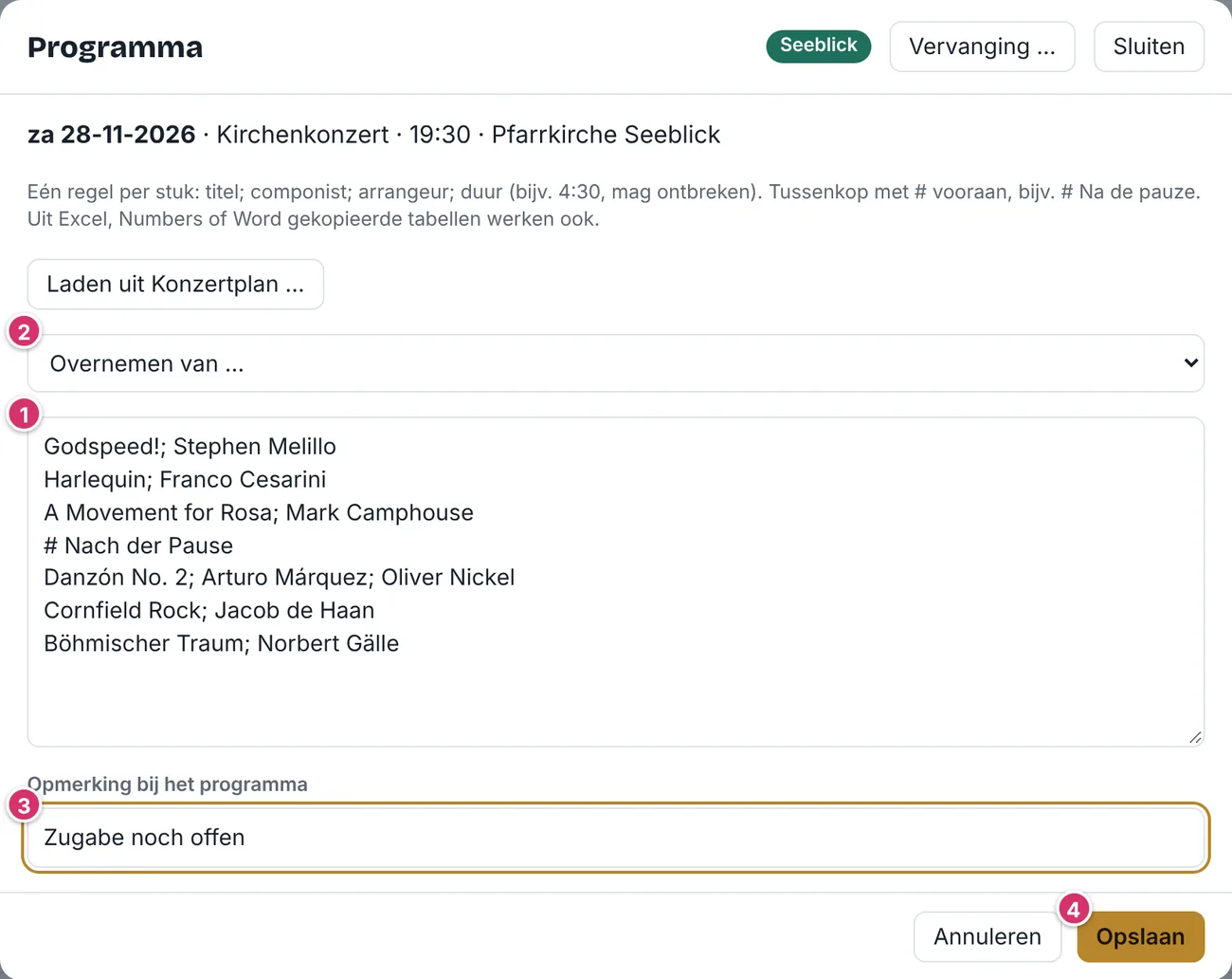 Venster Programma tijdens het invoeren