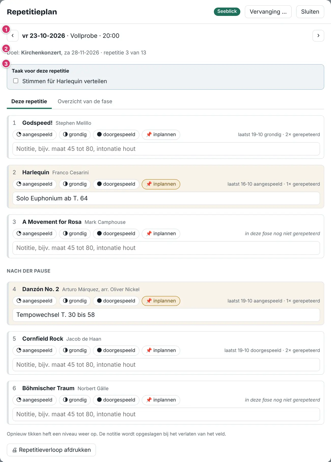 Repetitieplan van een repetitie