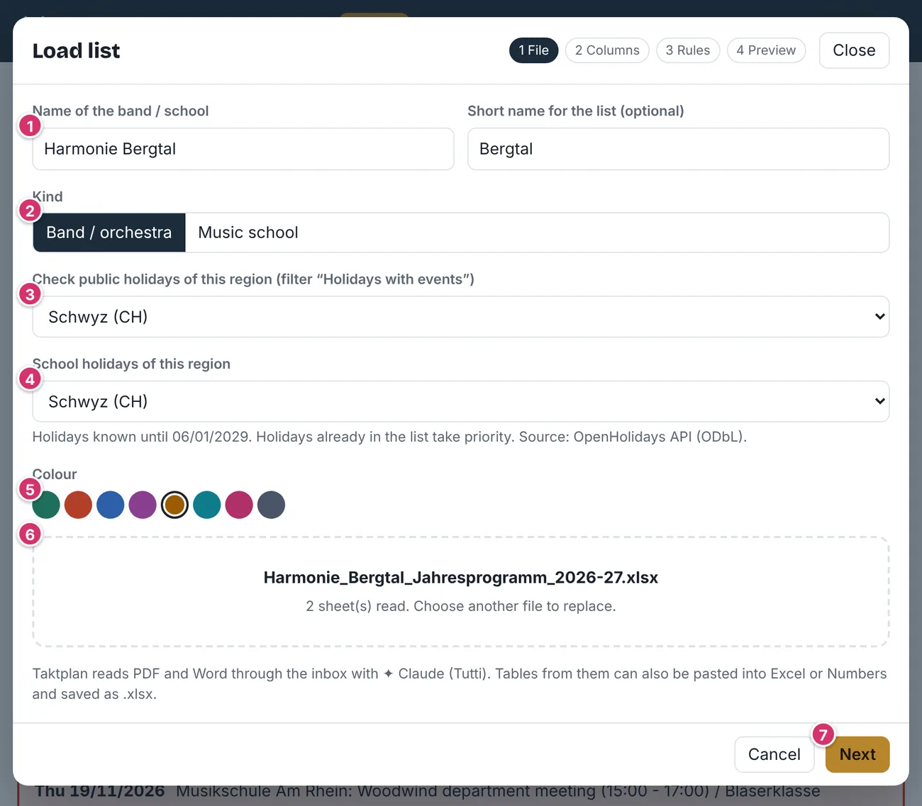 Load list window, File step, with public and school holidays of the region