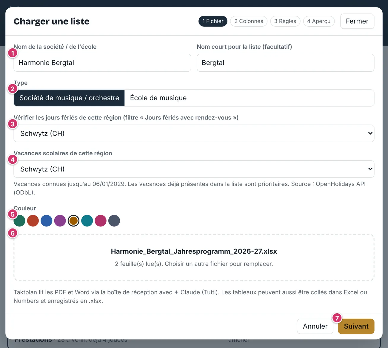 Fenêtre Charger une liste, étape Fichier, avec jours fériés et vacances scolaires de la région