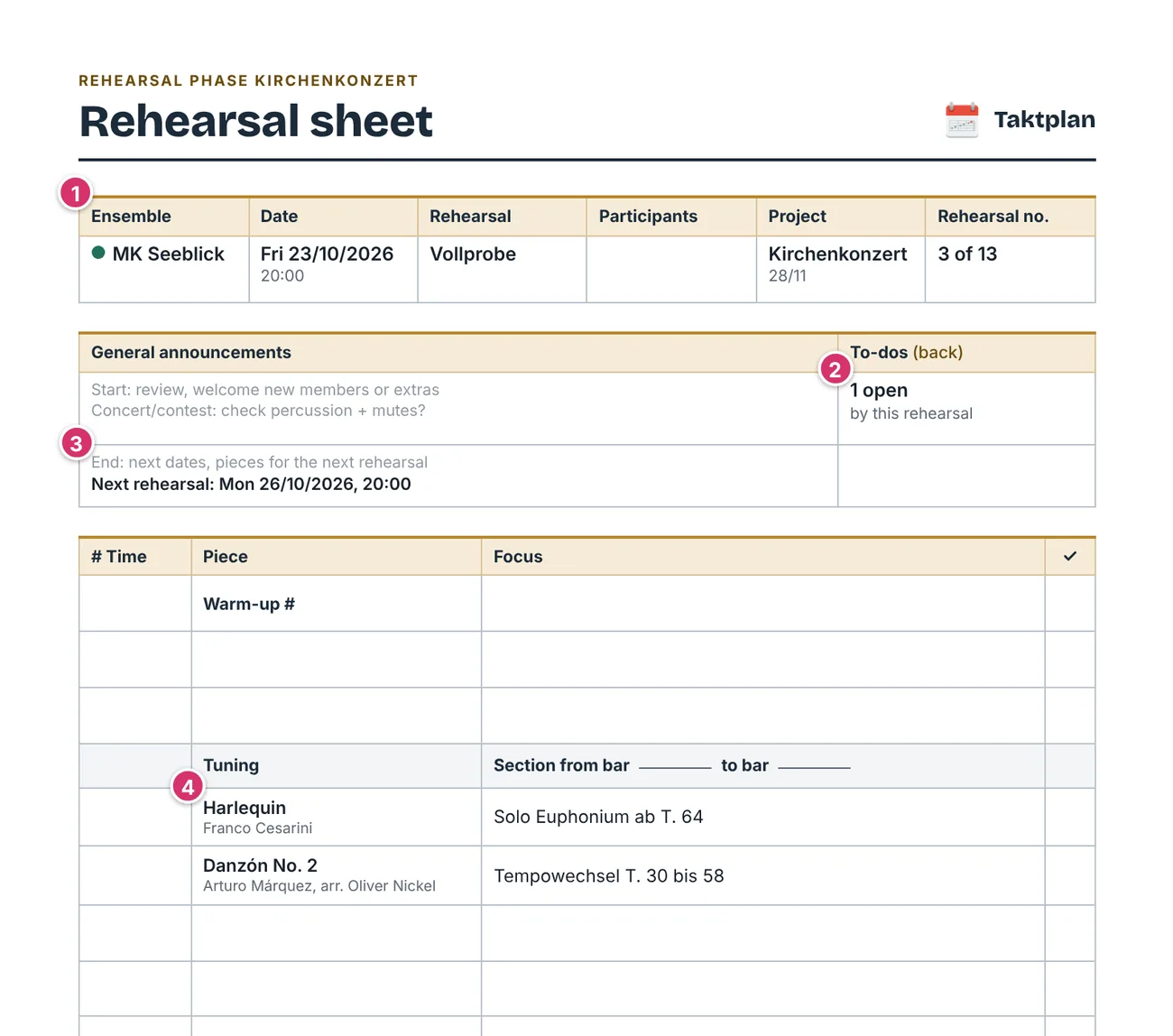 Filled-in rehearsal sheet, top half