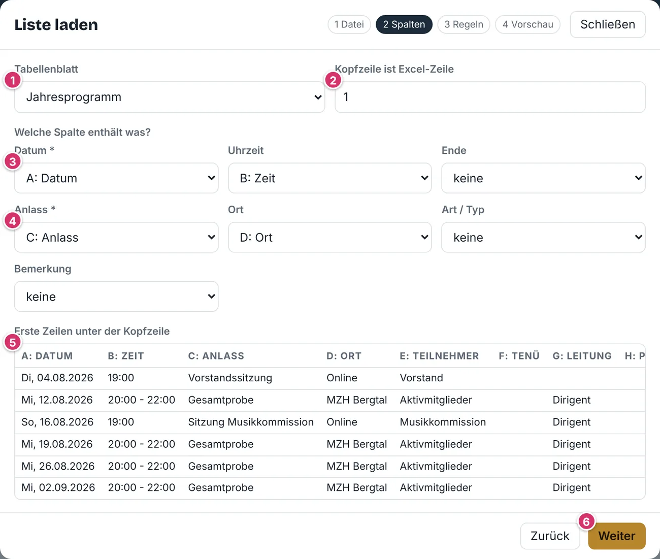 Fenster Liste laden, Schritt Spalten