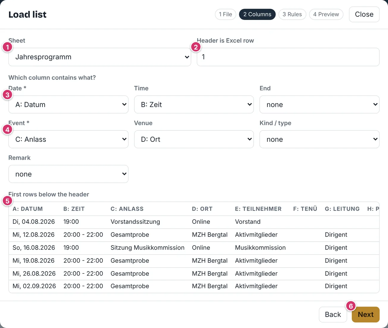 Load list window, Columns step