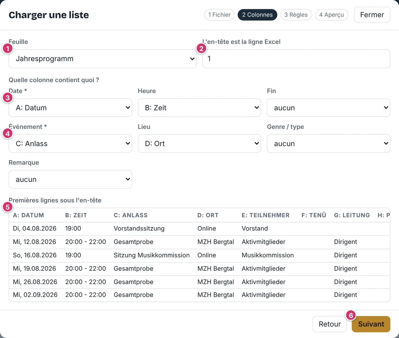 Fenêtre Charger une liste, étape Colonnes