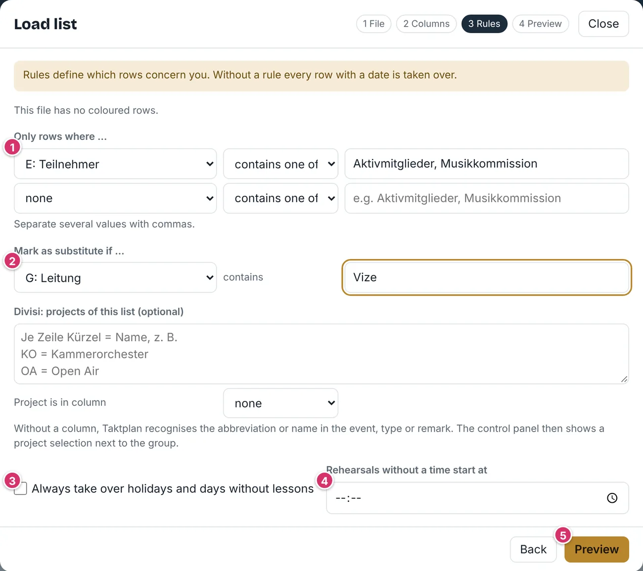 Load list window, Rules step