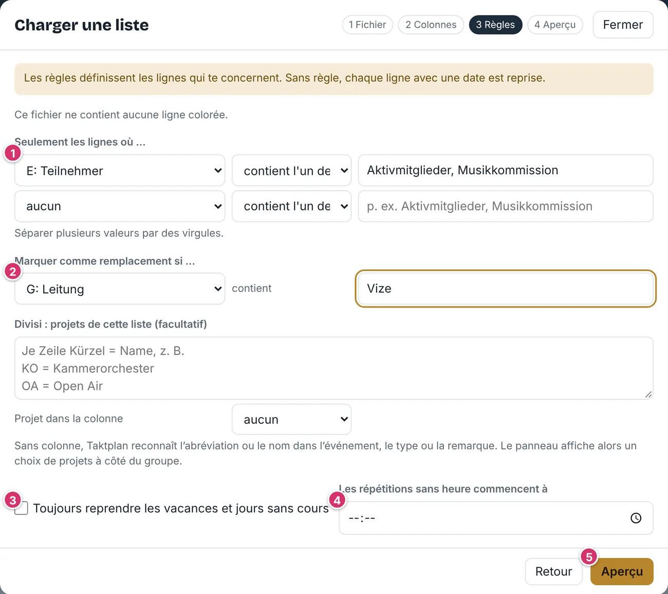 Fenêtre Charger une liste, étape Règles