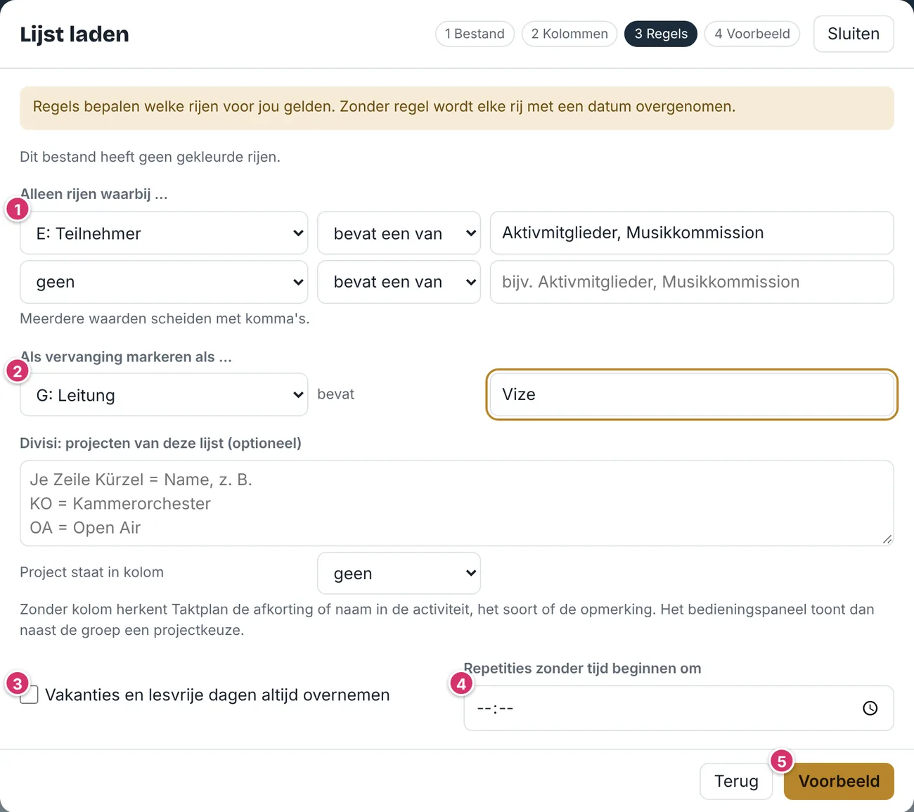 Venster Lijst laden, stap Regels
