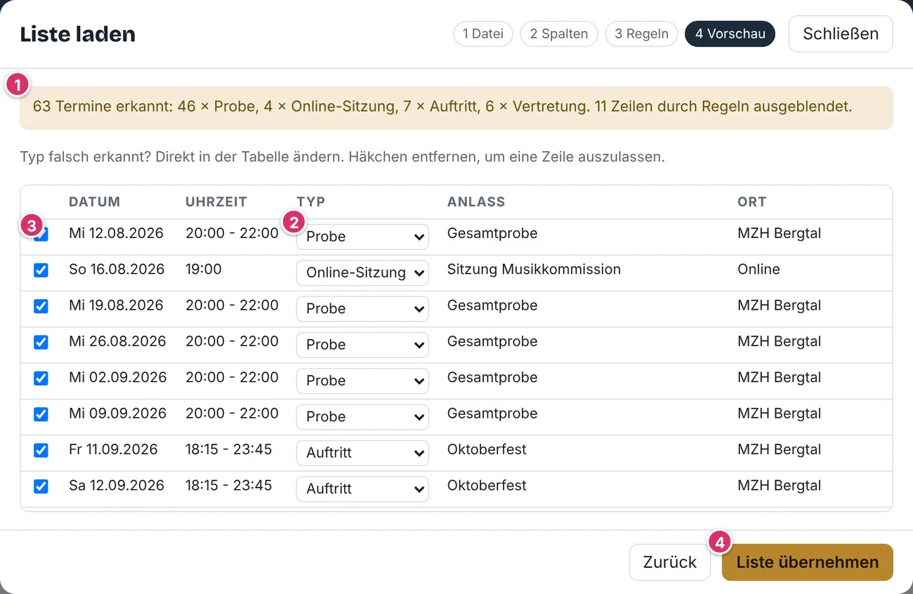 Fenster Liste laden, Schritt Vorschau