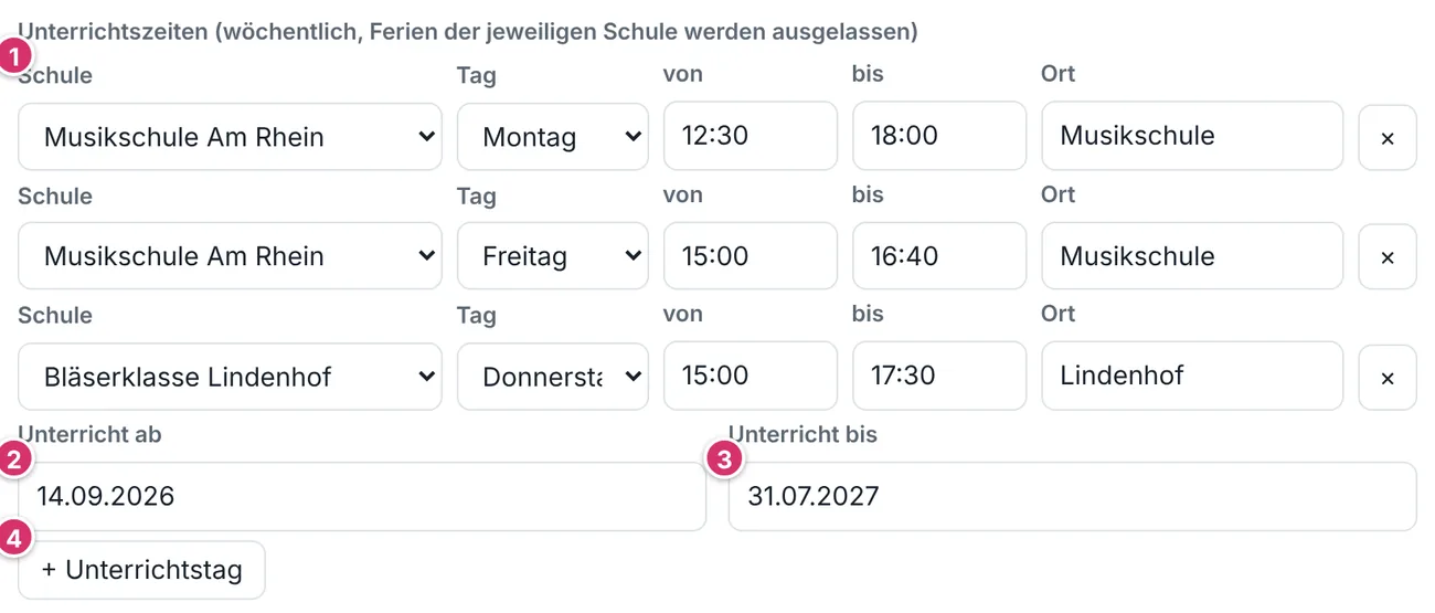 Einstellungen, Abschnitt Unterrichtszeiten
