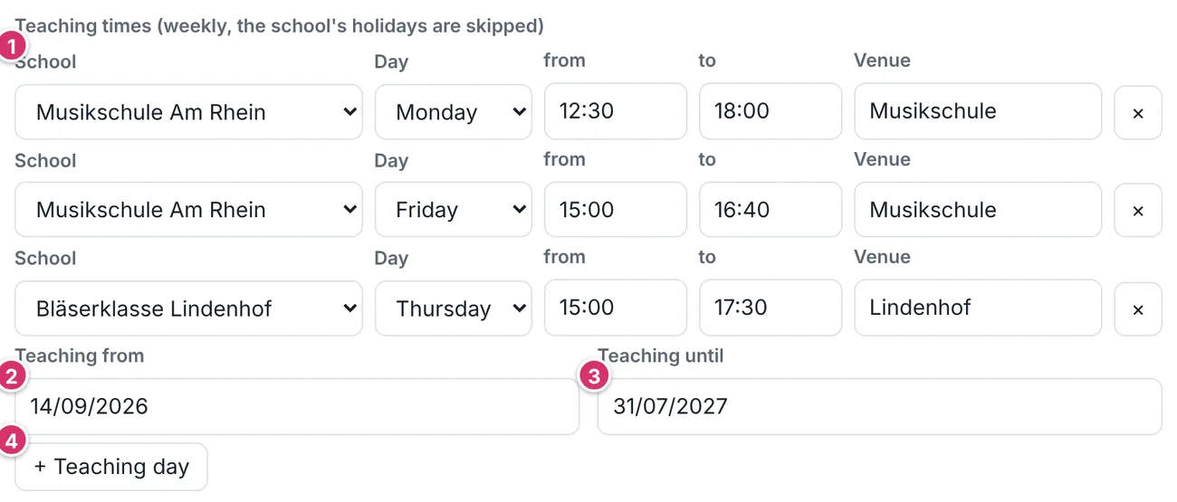 Settings, Teaching times section