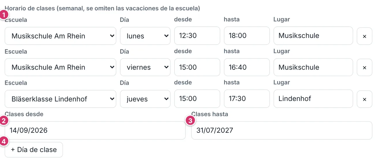 Ajustes, sección Horario de clases