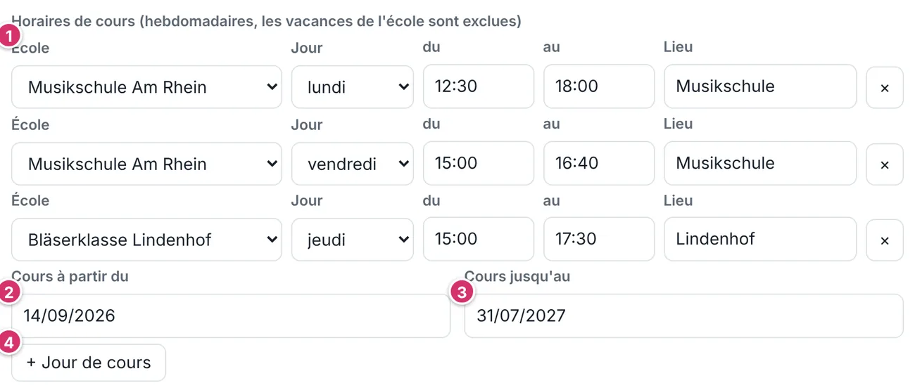 Réglages, section Horaires de cours