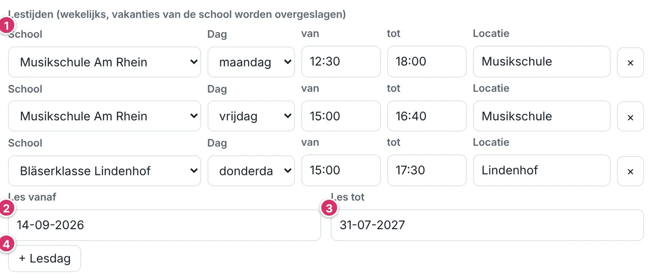 Instellingen, onderdeel Lestijden