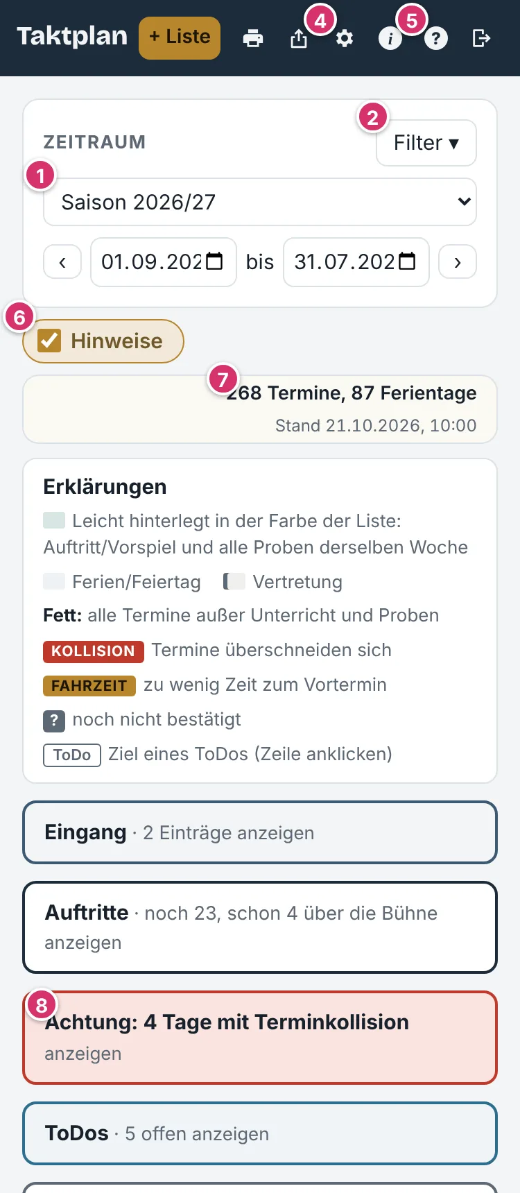 Übersicht auf dem iPhone mit Zeitraum, Listen, Filter und Erklärungen