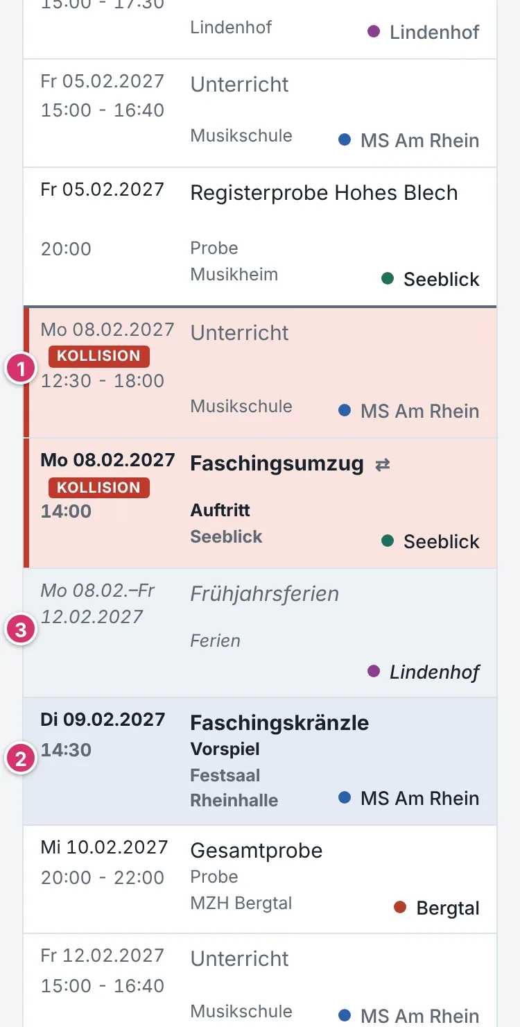 Ausschnitt aus der Terminliste mit Kollision, Auftrittswoche und Ferien