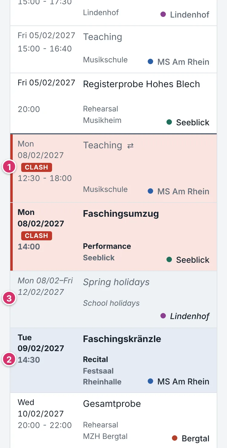 Part of the schedule with a clash, a performance week and school holidays