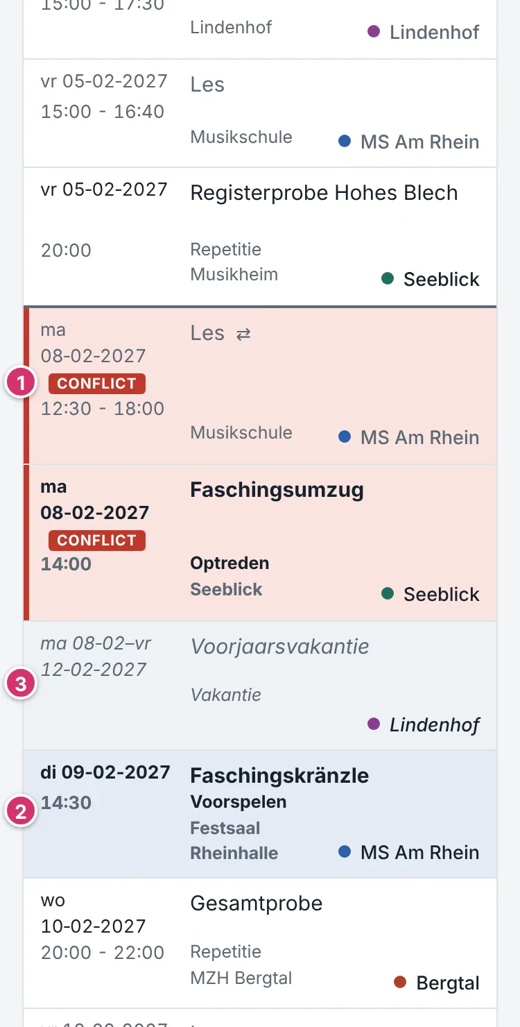 Deel van het rooster met een conflict, een optredensweek en vakantie