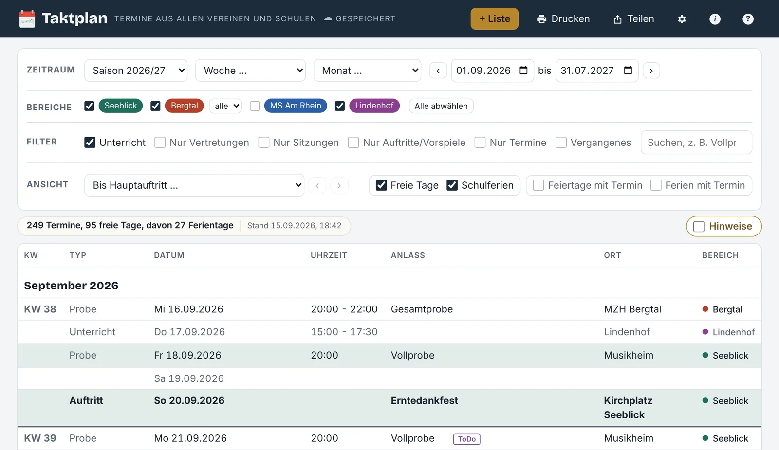 Gesamtliste mit Terminen aus vier Beispiel-Listen