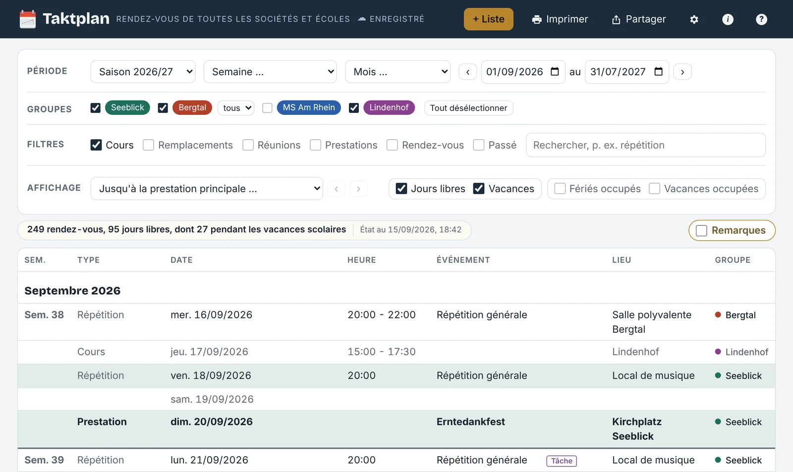 Liste générale avec les dates de quatre listes d'exemple