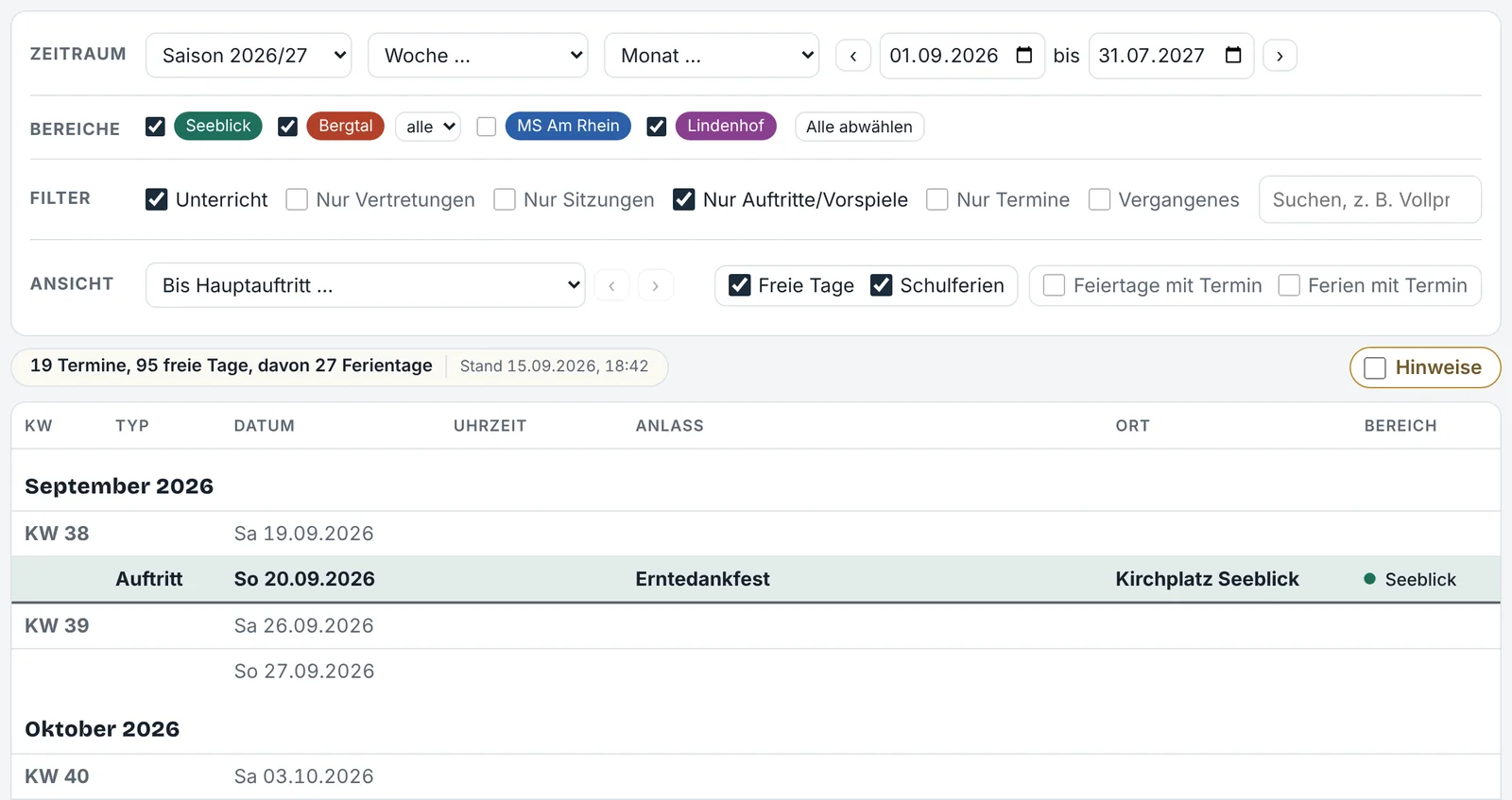 Filterleiste mit Bereichen und Termintypen