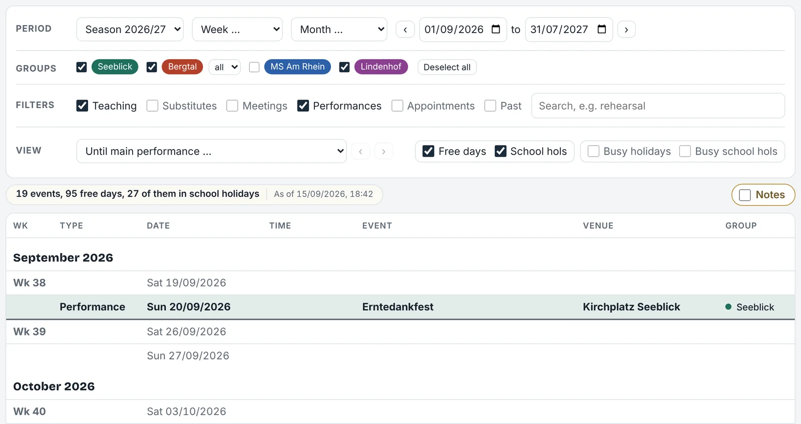 Filter bar with groups and event types