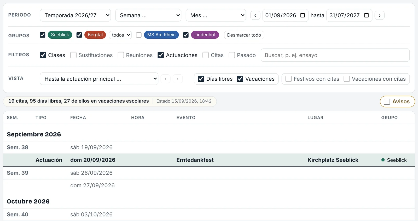 Barra de filtros con grupos y tipos de cita