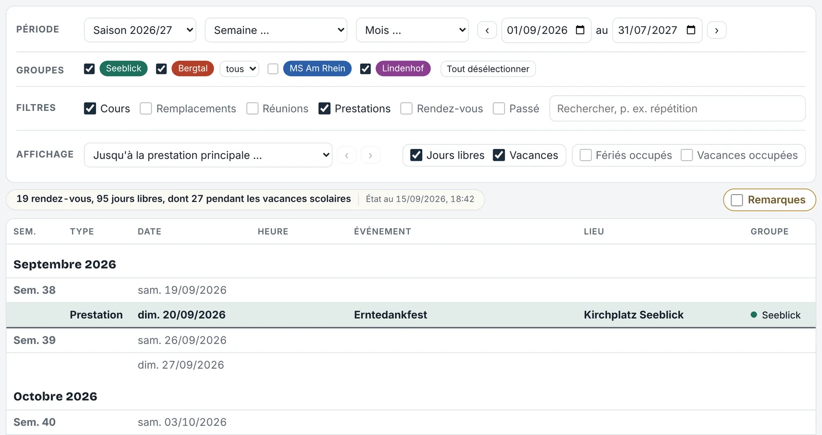 Barre de filtres avec groupes et types de dates