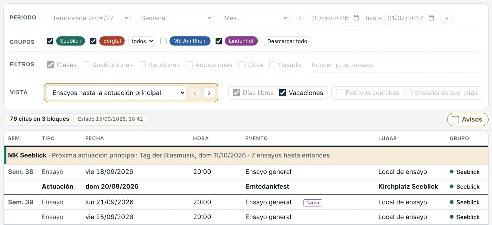 Vista Ensayos hasta la próxima actuación
