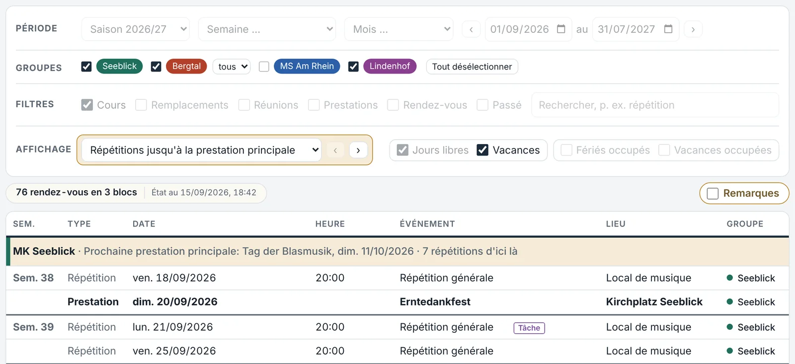 Vue Répétitions jusqu'à la prochaine prestation