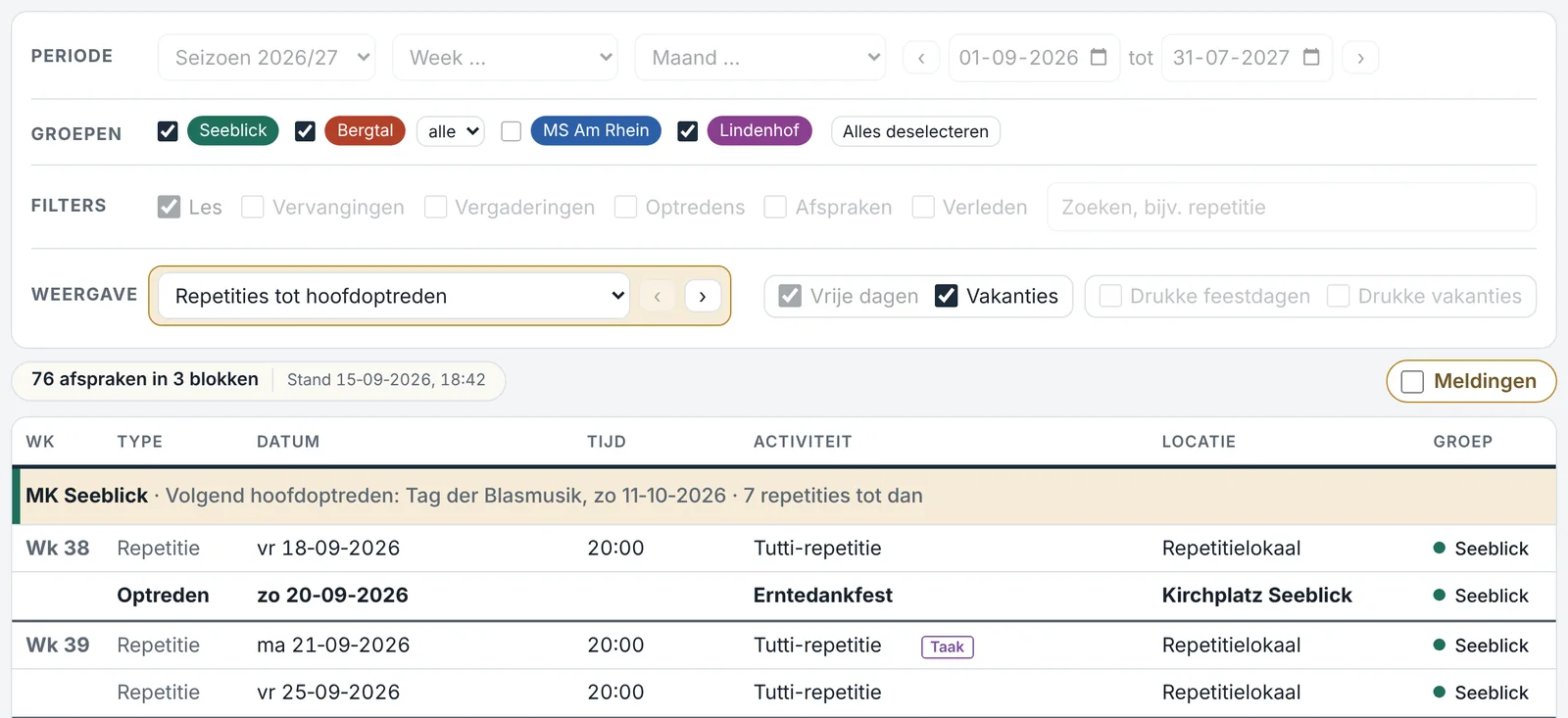 Weergave Repetities tot het volgende optreden